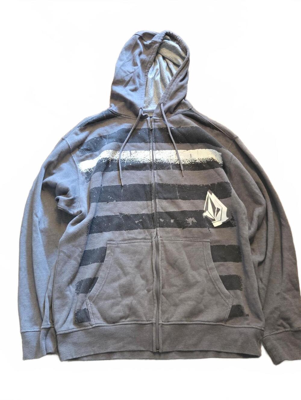 Y2K Volcom Hoodie Men's XL Gray Full Zip Vintage Skater Grunge Faded Striped